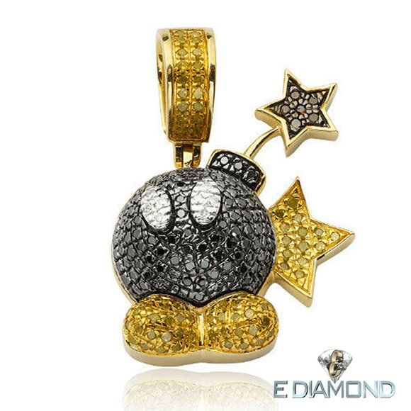 10 K Solid Gold 1.00 Carat Natural Diamond Bomb Pendant Mario Brother Cartoon